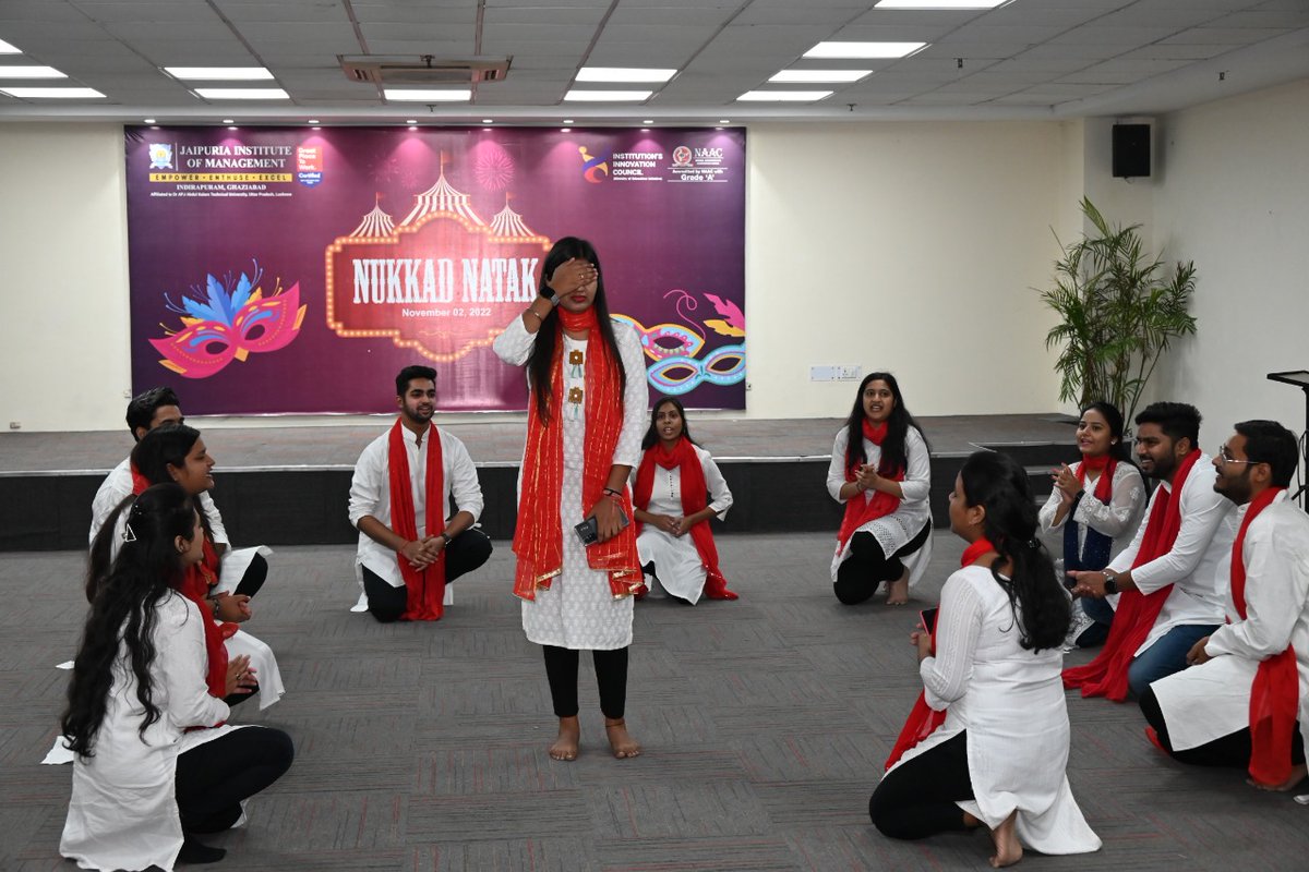 JaipuriaMBA's tweet photo. The Dramatics &amp; Cultural Club of Jaipuria Institute of Management, Ghaziabad, held a Nukkad Natak Competition on November 2, 2022, to help students uncover the drama artist within themselves. https://t.co/hpCdPtqA4w