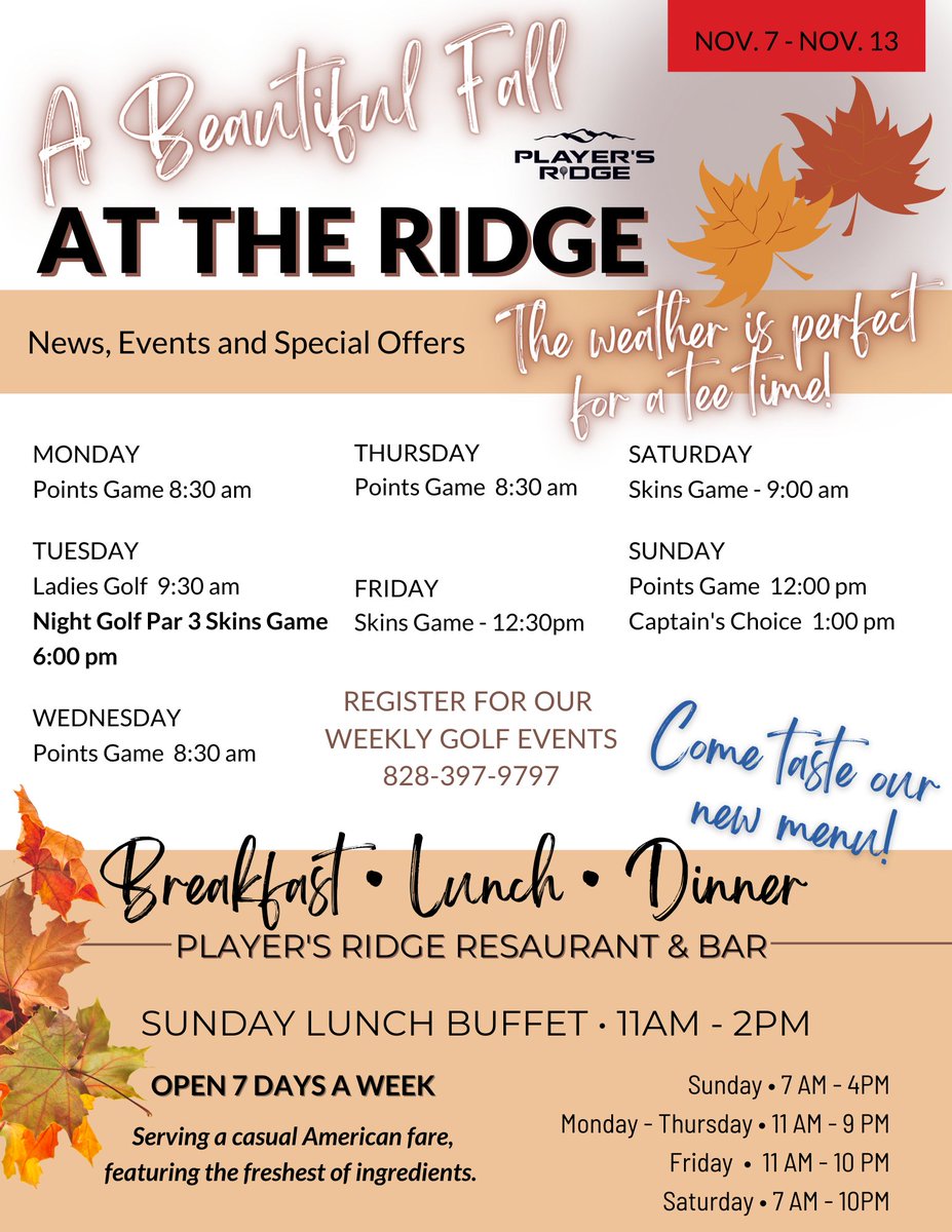 Beautiful Fall Weather AT THE RIDGE! Join us for everything going on, from our points game on Monday to a great dinner on Friday evening! Check it all out right here in the weekly newsletter! Be sure to check out our new menu!
ow.ly/MYbe50LuPLX