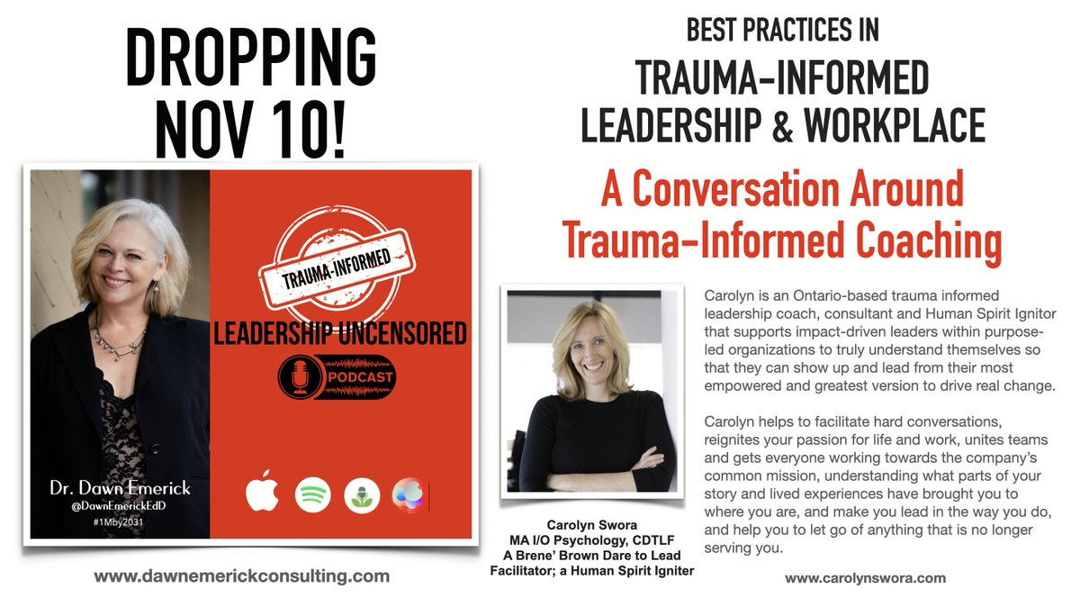 New [Trauma-Informed] Leadership Uncensored #podcast dropping next Thursday, Nov 10! I had the pleasure of holding a rich conversation about coaching with Ontario's Human Spirit Ignitor <a href="/CarolynSwora/">Carolyn Swora</a>. Watch for live link next week.