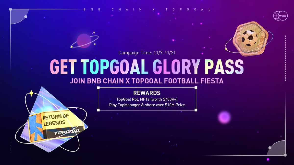 🏆TopGoal X BNB Chain Glory Pass Campaign will start from 7th Nov.

🏅Join this campaign and own your Glory Pass👇🏻galxe.com/bnbchain/campa…

<a href="/BNBCHAIN/">BNB Chain</a> Football Fiesta is going live on 15th Nov. 

🎁We prepares some fun and rewarding events for it.