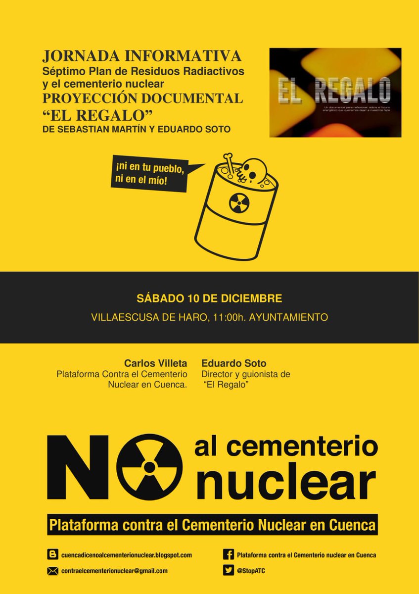 StopATC's tweet image. 📢 Jornada Informativa sobre el 7*Plan de Residuos Radiactivos y el cementerio nuclear.
🗓️ Sábado, 10 de diciembre
🕚 11 horas
📍 Ayuntamiento (Villaescusa de Haro) 
‼️NO al ATC‼️