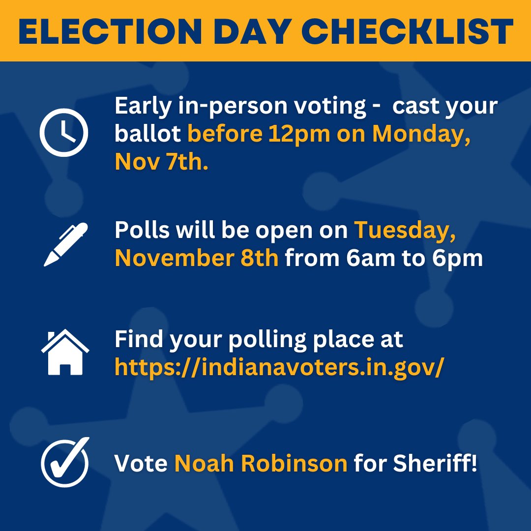 NoahForSheriff's tweet photo. It's almost Election Day! If you are voting early in person, make sure to cast your ballot before 12pm on Monday, November 7. Polls are open Tuesday, November 8th from 6am to 6pm. Find your polling place at https://t.co/b5b6Baot6x and please vote Noah Robinson for Sheriff. https://t.co/FLAqFzAtQ0