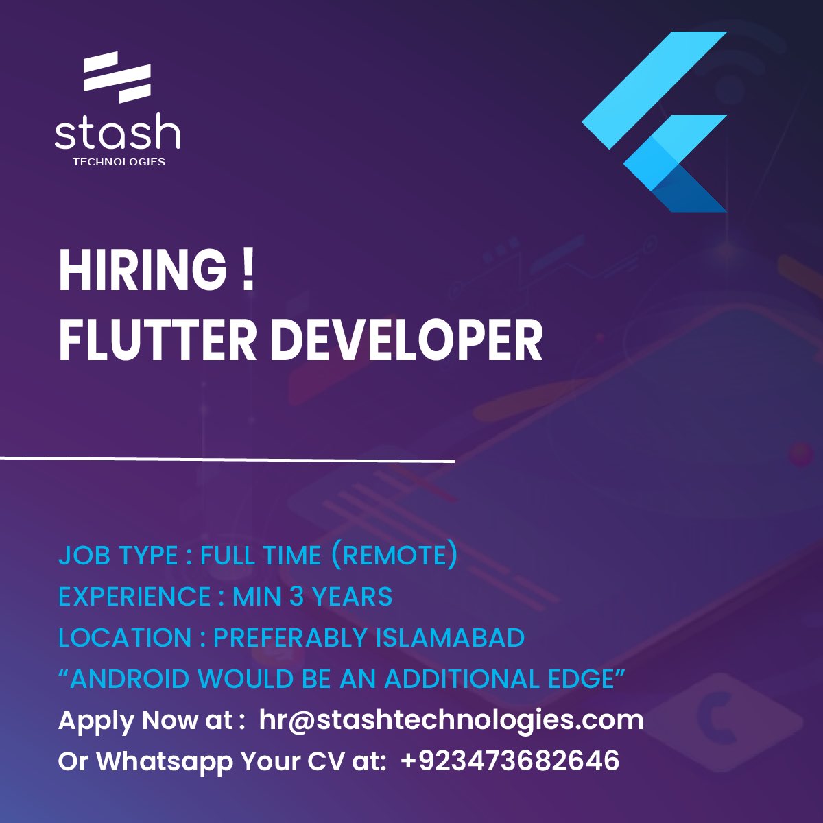 StashTechnology's tweet photo. We are hiring Flutter Developer

Job Type : Full Time (Remote)
Experience : Min 3 Years
Location : Preferably Islamabad 
“Android would be an Additional Edge” 

Apply Now at : hr@stashtechnologies.com 
or Whatsapp your CV at : +92 347 3682646 https://t.co/Afp2woQfop