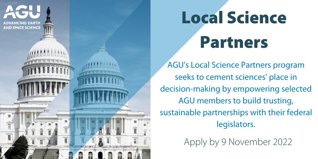 AGUSciPolicy's tweet photo. 🚨Deadline extended for our Local Science Partners program🚨

The program pairs AGU members with their legislators to help advance AGU’s policy agenda and diversify sciences’ Congressional champions. 

Learn more and apply at https://t.co/tbYwwjJ3gN #scipol https://t.co/Fi6zCqvpE5