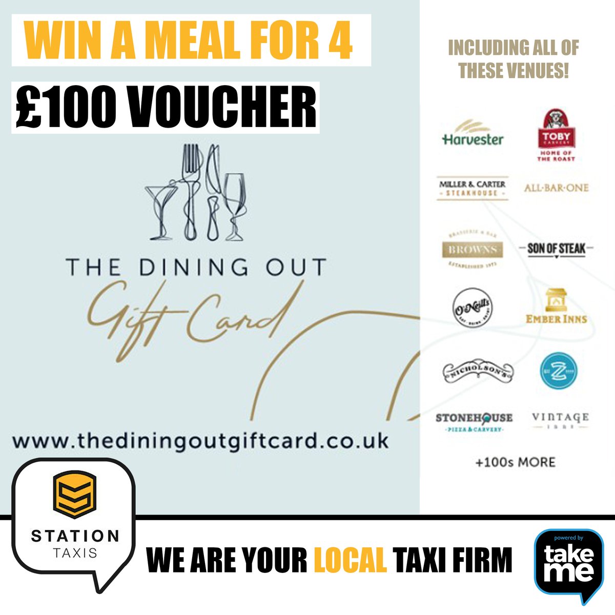 takememalton's tweet photo. Win a £100 MEAL voucher thanks to our partners TAKE ME
To enter           
1]LIKE this post
2]SHARE or Retweet
3]TAG the 3 people you would take
4]FOLLOW STATION TAXIS 
Winner announced on LAST DAY OF THE MONTH
#Raffle #Prize #StationTaxis https://t.co/CzTUDXb12p
