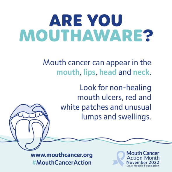 November is Mouth Cancer Awareness Month. 
If you notice any of these symptoms, please speak to your Doctor or Dentist. Early diagnosis can make such a difference. #mouthcanceraction #mouthcancer