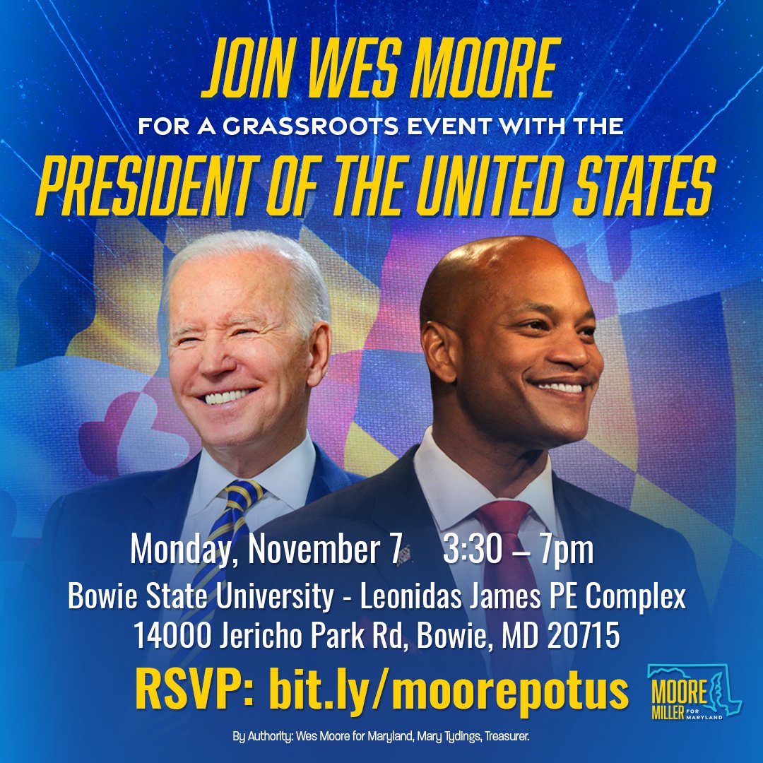 I’m excited to welcome President @JoeBiden back to Maryland for a special get out the vote event on Monday evening. President Biden is coming back because he knows the future of our country is here in Maryland. This is our time to lead. RSVP to join us: bit.ly/moorepotus