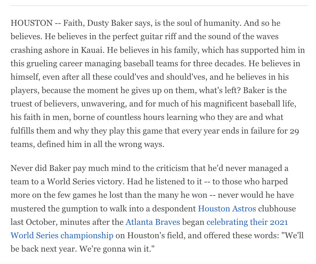 "I'm sick of sad hugs."

Inside the Houston Astros' World Series victory, from the Tao of Dusty to Michael Brantley's incredible motivational speech to a trade for Willson Contreras that was agreed upon and much, much more, free and unlocked at ESPN: es.pn/3zOku6E