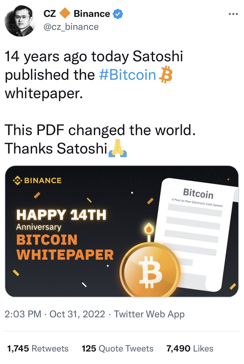 esatoshiclub's tweet photo. Essential tweets from @cz_binance this week:

🗯️ We have decided to liquidate any remaining FTT on our books.
🗯️ Crypto is high-risk and highly volatile. Learn to manage your risks. 
🗯️ [About #Bitcoin whitepaper]: This PDF changed the world. Thanks Satoshi🙏

Follow @satoshiclub https://t.co/6bCuvsYvqh