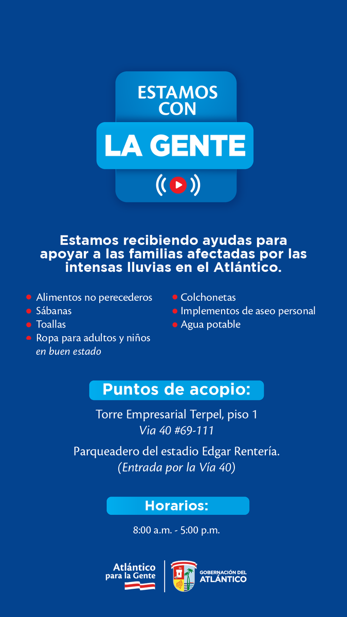 MiguelVergaraC's tweet photo. No para de llover en el Atlántico y nuestros hermanos de Piojó y otros municipios nos necesitan. La @Gobatlantico ha dispuesto centros de acopio para recibir sus donaciones de colchonetas, ropa, alimentos no perecederos y elementos de aseo. En estos momentos, la solidaridad urge. https://t.co/5u6ewlLS3X