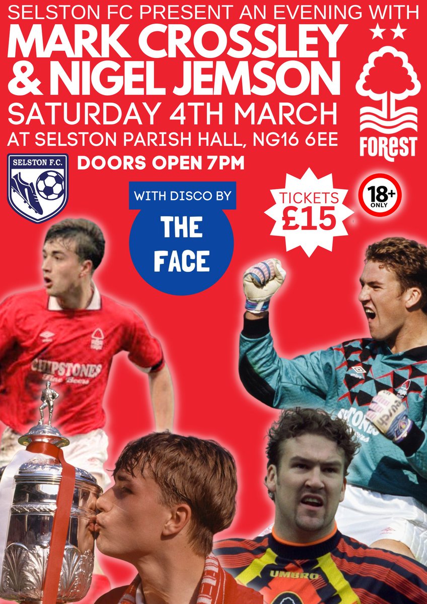 SelstonFC's tweet photo. 🌳𝗔𝗡 𝗘𝗩𝗘𝗡𝗜𝗡𝗚 𝗪𝗜𝗧𝗛..

Two @NFFC legends in @bignorms &amp; @nigeljemson!

Saturday 4th March
Selston Parish Hall
Doors open 7pm
Licensed Bar
Disco until late
18+ Only
£15 a ticket

On sale from this Saturday. Perfect Christmas present for any #NFFC fan, please share..#SFC https://t.co/RM6XSHSVfm