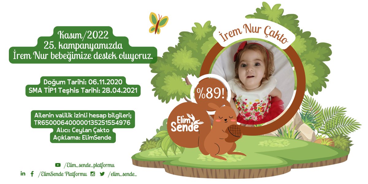 Kasım ayı bebeğimiz;

İrem Nur Çakto

SMA TİP1
DOĞUM TARİHİ: 06.11.2020
TEŞHİS TARİHİ: 28.04.2021
KAMPANYA BAŞLANGIÇ: Haziran/2021
KAMPANYA İL: Manisa

YÜZDE: 89
SİVİL TOPLUM NO: 22-1780

Haydi bakalım, yolumuz açık olsun.