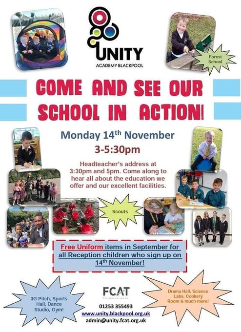 UnityBlackpool's tweet image. Unity Primary Open Day - Monday 14th November. Come along to find out all about our school, the education we offer and our fantastic facilities. Don't forget to sign up for your FREE UNIFORM items for Reception starters 2023! Please share