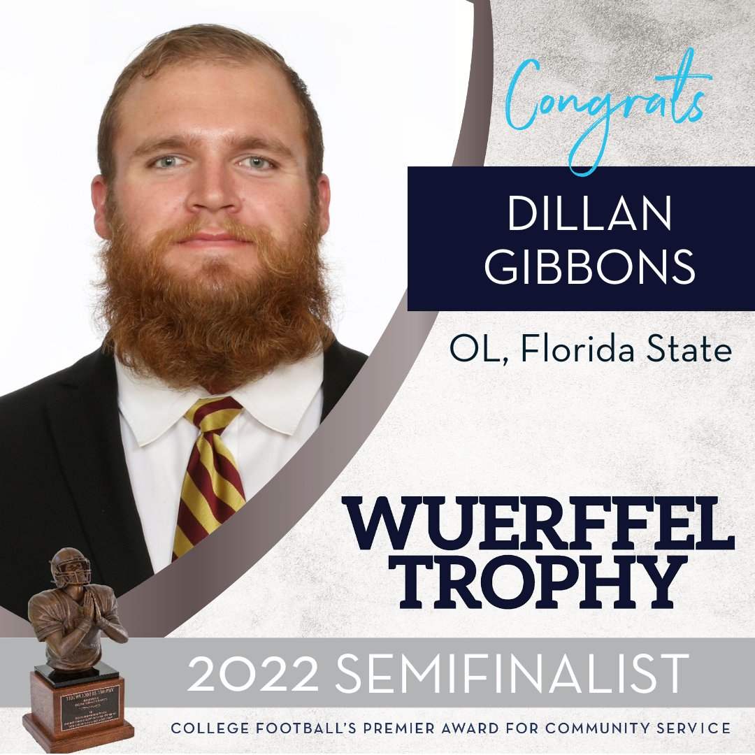 WuerffelTrophy's tweet photo. Congrats to senior OL Dillan Gibbons @GibbonsDillan from @FSUFootball for being honored as a 2022 #WuerffelTrophy semifinalist! Dillan serves his community through his own non-profit, @BigManBigHeart_. Keep up the great work! @seminoles @theACC #NoleFamily #KeepCLIMBing https://t.co/Tt3V1UsjoF