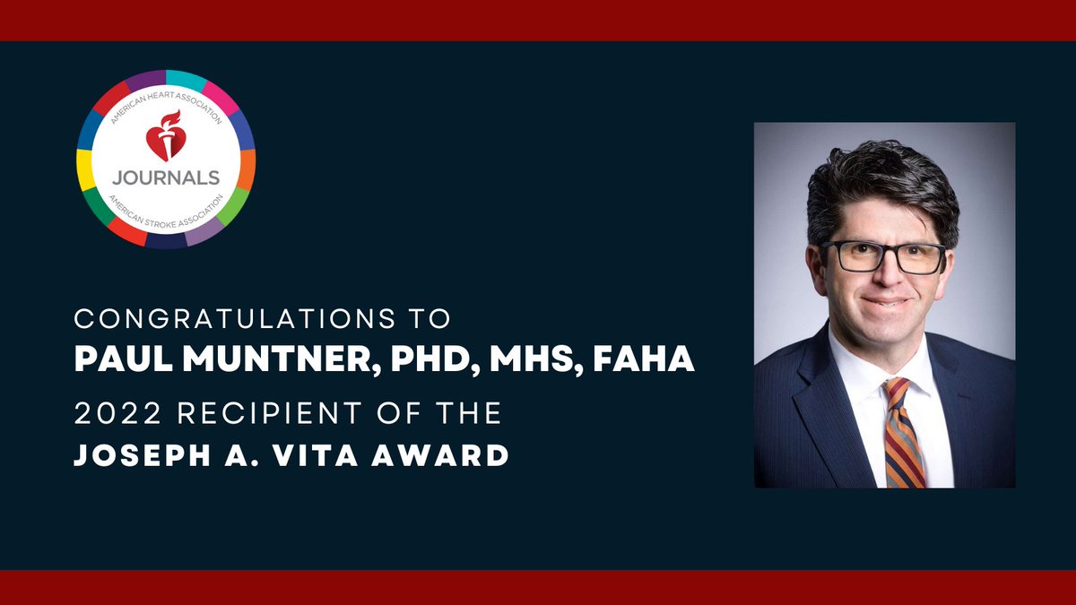 JAHA_AHA's tweet photo. Chosen by #AHAJournal editors, this prestigious award is given to a top researcher in #cardiovascular disease. Congratulations @MuntnerPaul on this achievement! #AHA22 #VitaAward #AHAJournals https://t.co/qqjjlm0PPN https://t.co/01olpj5lwF
