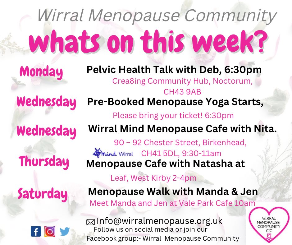 wirralmenopause's tweet photo. This weeks activities. Don’t forget your tickets for yoga!
Hope to see you there!
#wirralmenopausecommunity #Menopause  #menopausecommunity #whatson #mentalhealthsupport https://t.co/jLcNmsxQrx