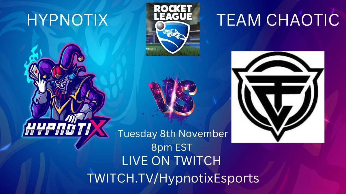 TeamHypnotiX's tweet photo. Come watch our rocket league guys on Tuesday night https://t.co/opGp4coUUK
