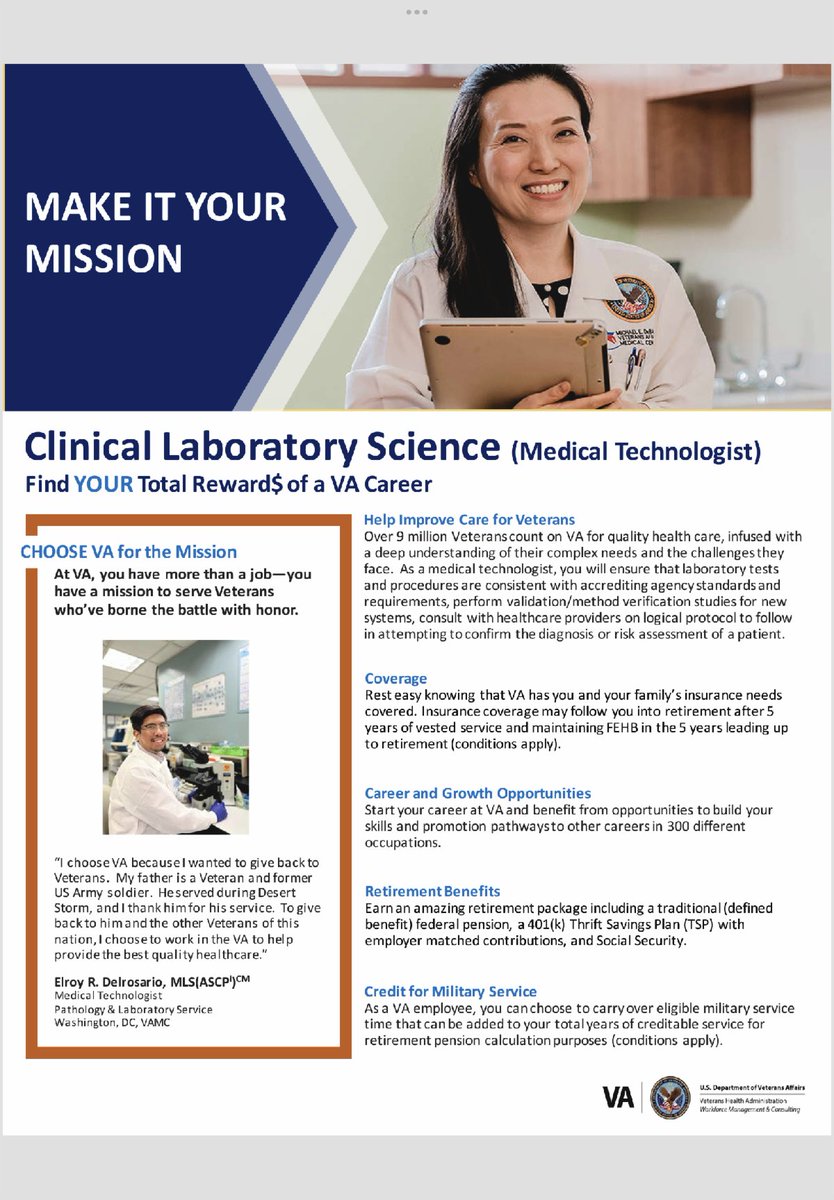 ASCLS_WI's tweet photo. Medical Laboratory Scientist - Total Reward$ of a VA Career

Are you looking for a position as an MLS? Veterans Affairs hospitals around the country have openings. Look at some of the benefits of a VA career. To find open positions go to https://t.co/546S8s1uHJ or https://t.co/9Xo7qYm5zS