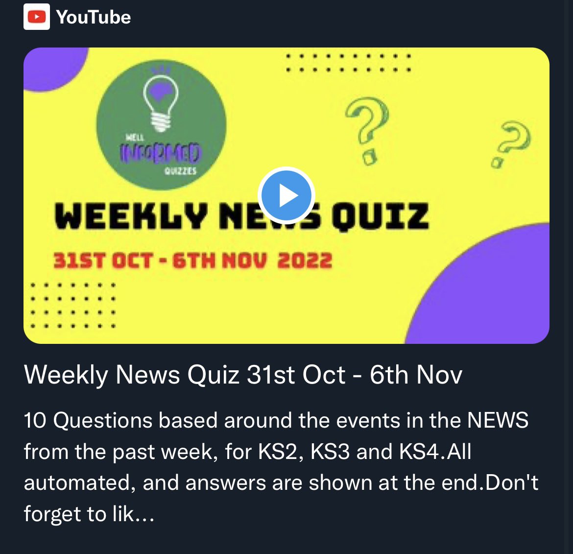 Well_Informed_Q's tweet photo. Make sure you check out this weeks #NEWSQUIZ 

Perfect for for time! 👩🏻‍🏫

10 questions based on last weeks news.

#teacher #formtime #KS3
#KS4 #teachertwitter #teacher5oclockclub #educational #news #education #uk #bbc #newsround https://t.co/RPlPMAL26x
