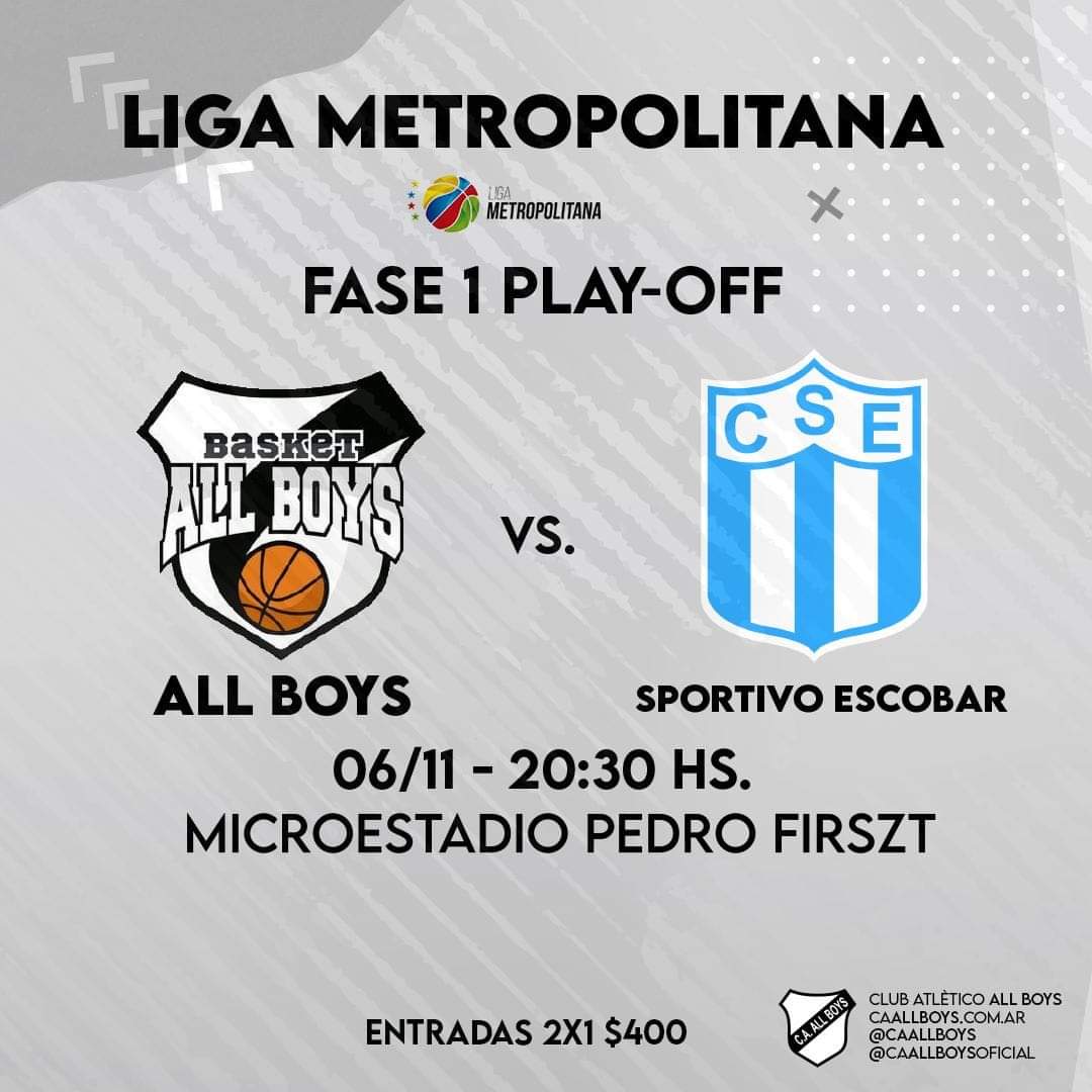 Hoy All Boys juega su pase a Cuartos de Final de la #LigaMetropolitana 
De local enfrenta al club <a href="/SportivoEscobar/">Club Sportivo Escobar</a> a partir de las 20:30hs

GRAN PARTIDO
los esperamos a todos!!

Vamos All Boys!!