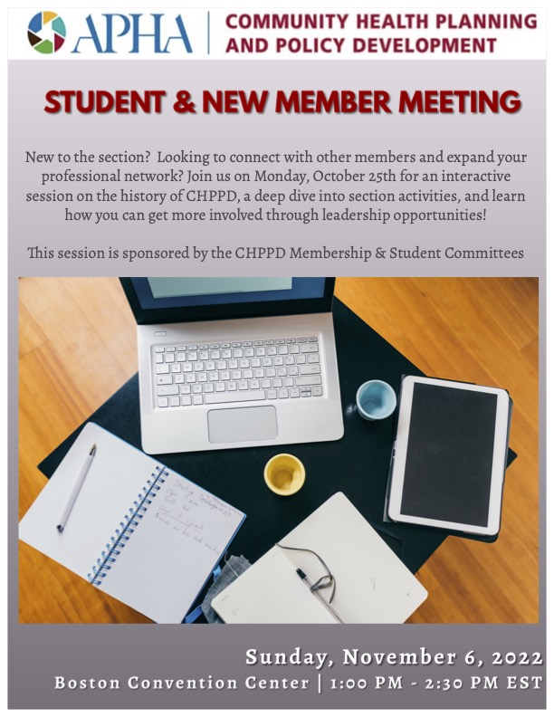 CHPPD_APHA's tweet photo. Happy Sunday! Just a friendly reminder that our  Student and New Member meeting is today! Check the flyers for details! #chppdsection #apha2022 https://t.co/mIoY4vdKYH