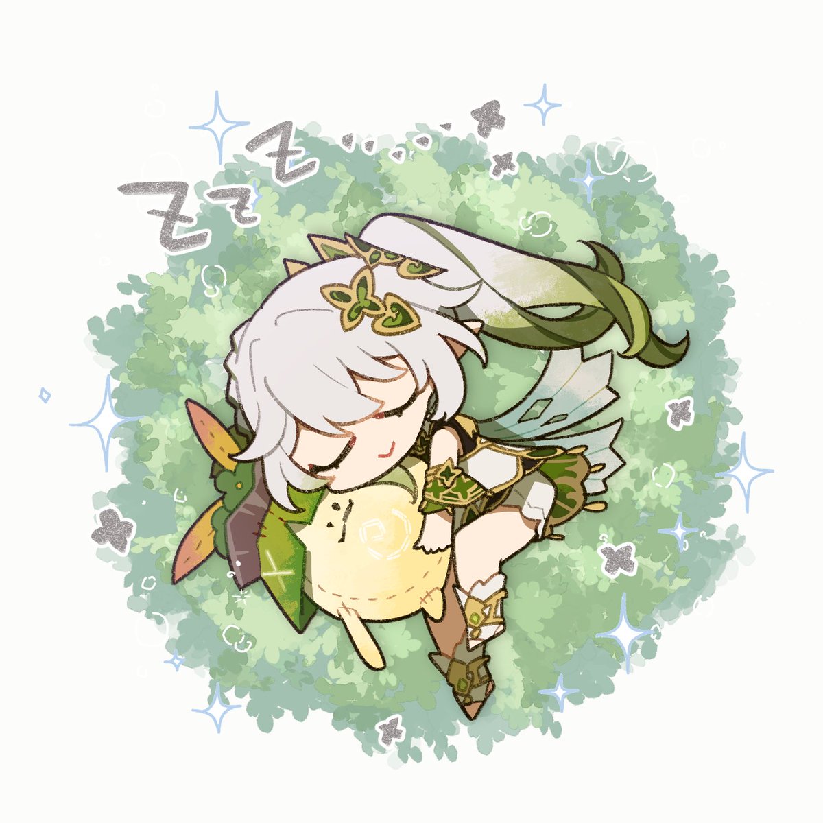 nahida (genshin impact) 1girl side ponytail closed eyes hair ornament sleeping dress long hair  illustration images