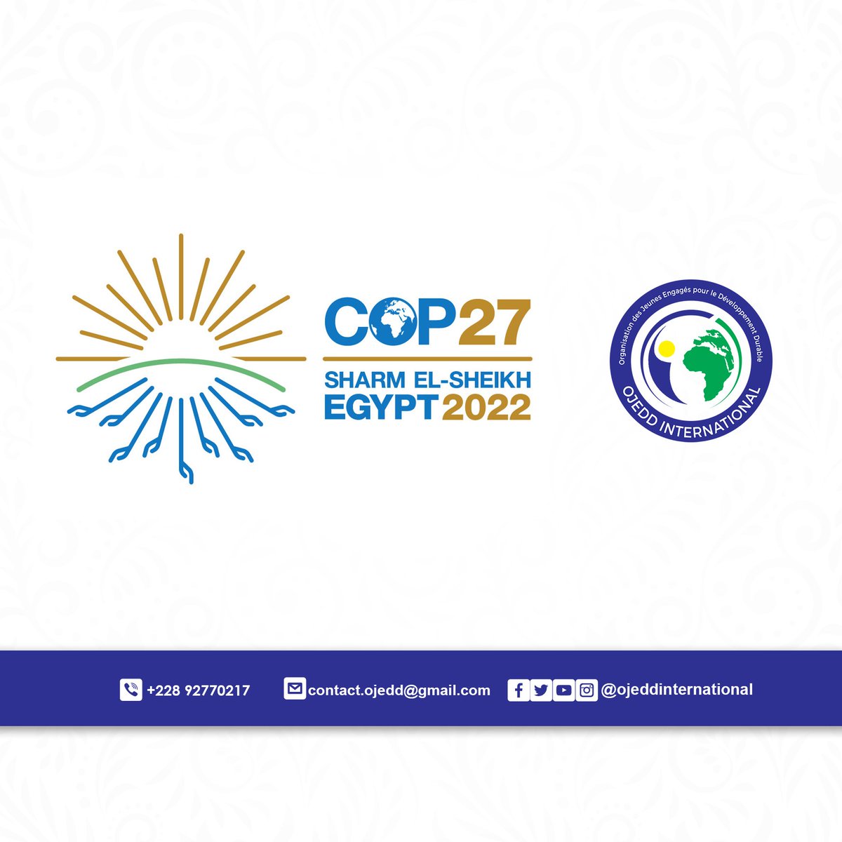ojedd_global's tweet photo. [ OJEDD À LA #COP27]

Nous sommes fiers de vous annoncer que l'#OJEDD sera bien représentée à la #COP27 du 8 au 18 novembre.

Venez nous voir au #PavillonTogo🇹🇬

Au besoin, contactez nous via mail: contact.ojedd@gmail.com 

#adaptation #LossAndDamage #ClimateFinance #Togo #France https://t.co/ZCyR1lcEu3