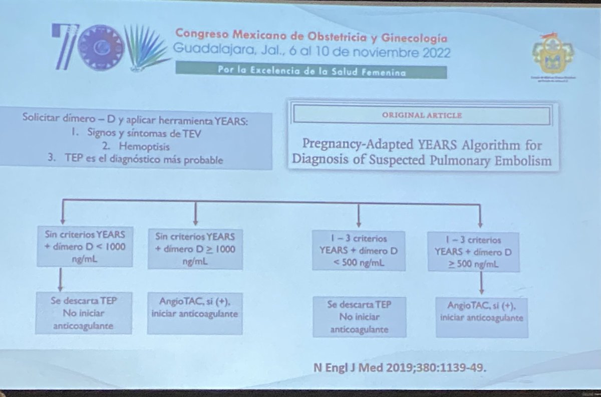 MaternoFetalMX's tweet photo. Guía para establecer diagnóstico e inicio de tratamiento ante la sospecha de TEP en #embarazo basados en algoritmo YEARS modificado para pacientes embarazadas #70CMOG @FemecogOficial https://t.co/NcrxgKwhtj