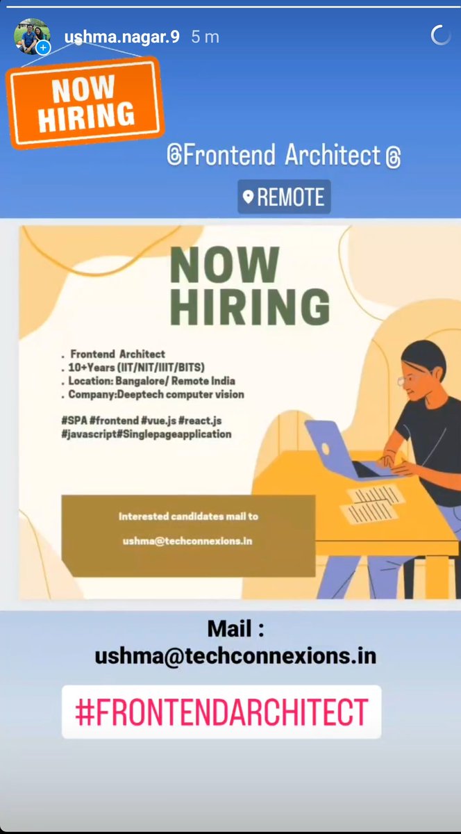 NagarUshma's tweet image. #HIRINGNOW #Hiringalert #Frontendarchitect #Vue.js #react #angular #IIT #IIT #NIT #BITS 
Mail to
ushma@techconnexions.in