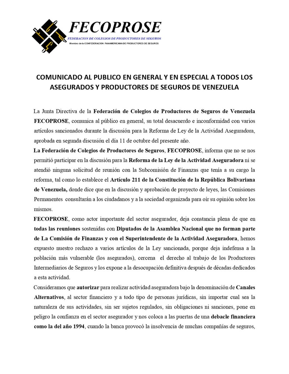 jdyanez's tweet photo. La Federación de colegios de productores de seguros, fija posición ante el proyecto de ley de la Actividad Aseguradora. 
#noaloscanalesalternativos
#contratatuseguroconunintermediario https://t.co/cF5eiSLLJP