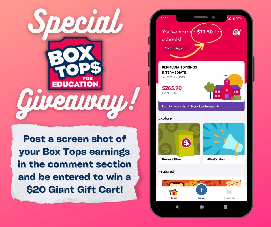 Special Box Tops Giveaway! Post a screen a shot of your Box Tops earnings below and you will be entered to win a $20 Giant Gift Card!
The winner will be announced on the last day of the month.
Box Tops earnings must be for our school and over $0.10 to qualify.