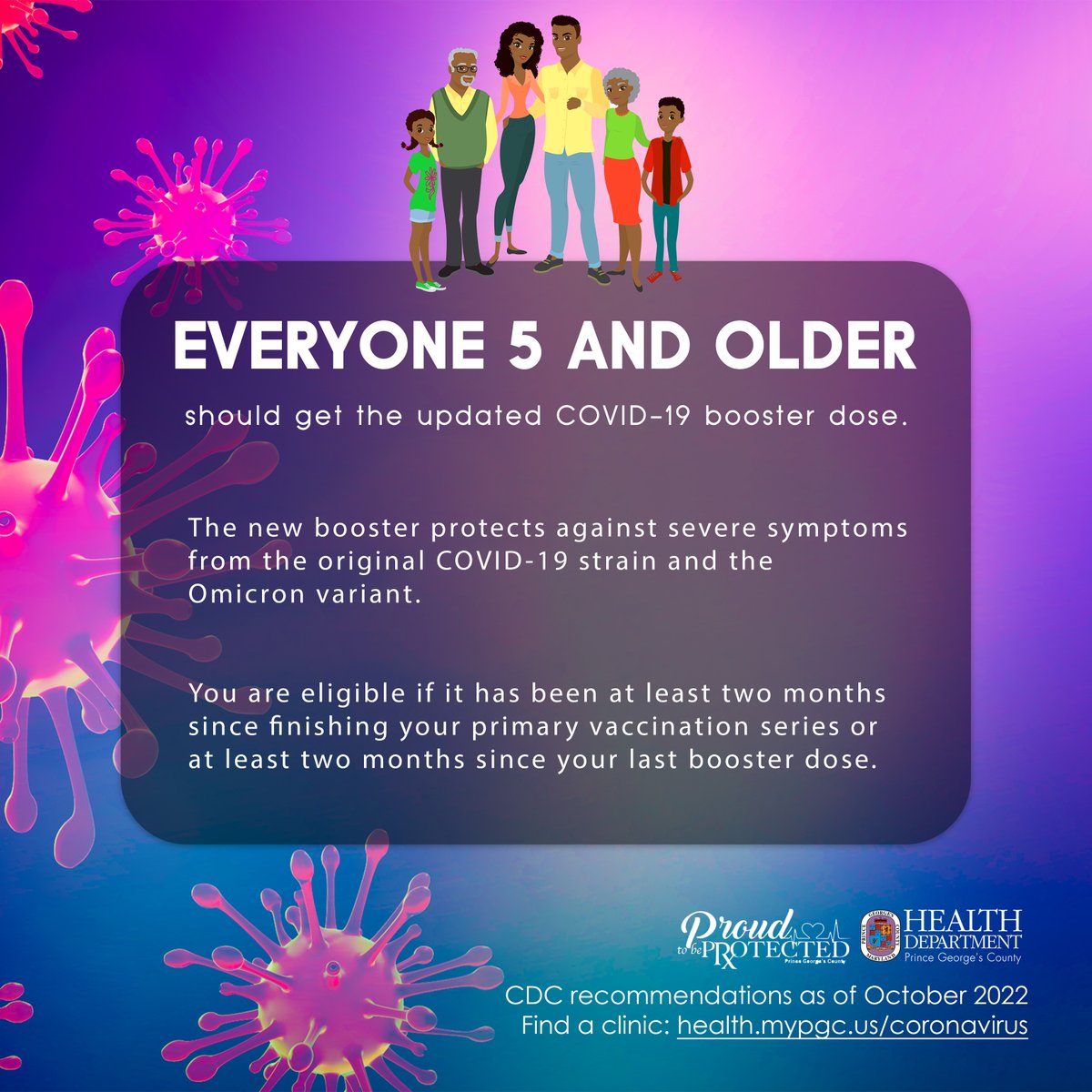 PGCHealth's tweet photo. The updated #bivalent #COVID19 booster is now approved and recommended for EVERYONE 5 AND OLDER.
El refuerzo #bivalente #COVID19 actualizado ahora estΓ‘ aprobado y recomendado para TODOS A PARTIR DE 5 AΓOS
#proudtobeprotected #pgccovid19 https://t.co/uXzsmHNGah