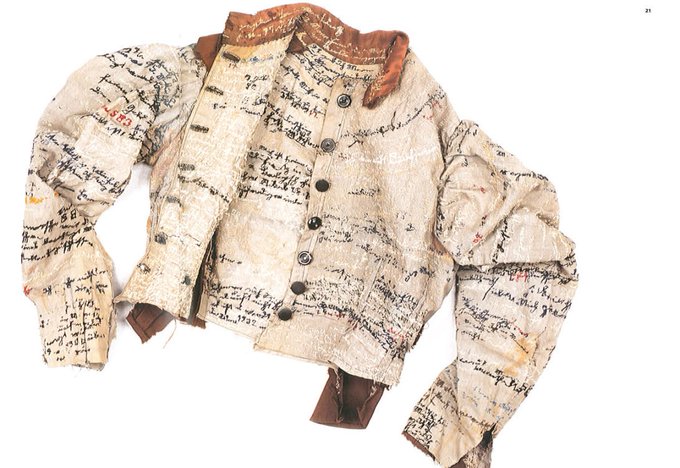 Linen jacket by Agnes Richter, a seamstress who was placed in a Heidelberg psychiatric hospital during the late 1800′s and who embroidered her life story onto the jacket as an attempt to regain her identity #WomensArt