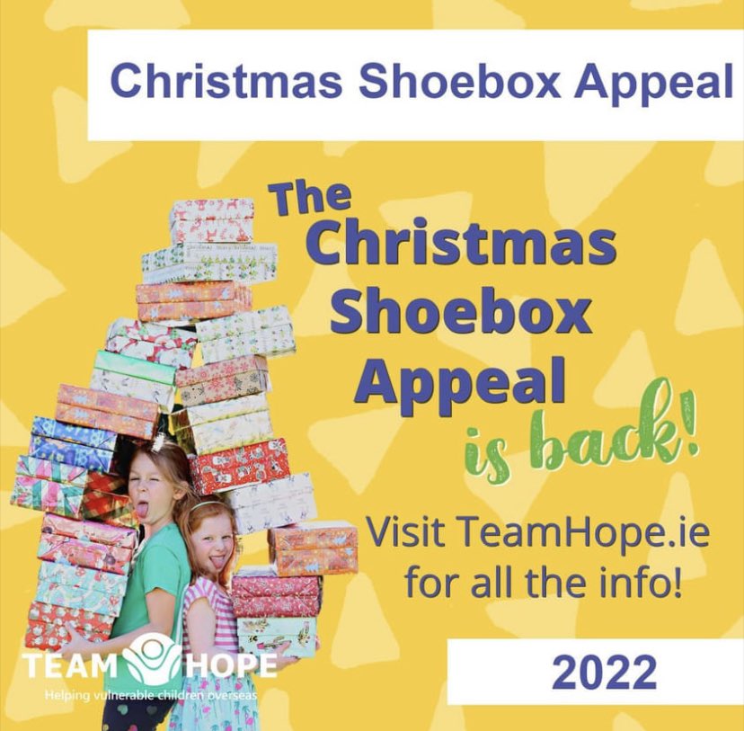Reminder to return any Christmas shoeboxes to school for the <a href="/TeamHopeIreland/">Team Hope Ireland</a> Shoebox Appeal by Tuesday 8th November! 🎄@RathnureNS
