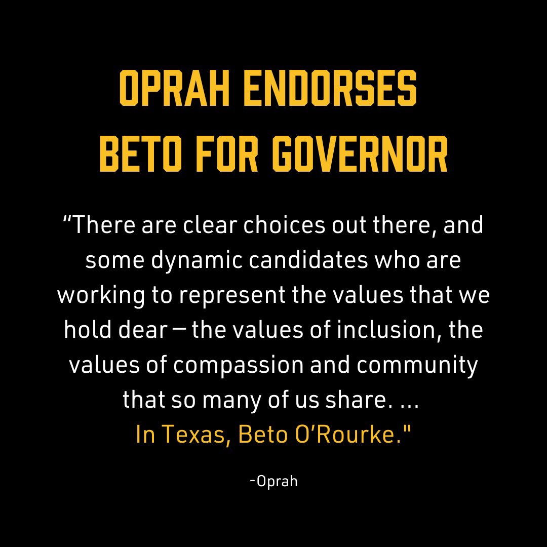 BetoORourke's tweet image. Thanks, Oprah!