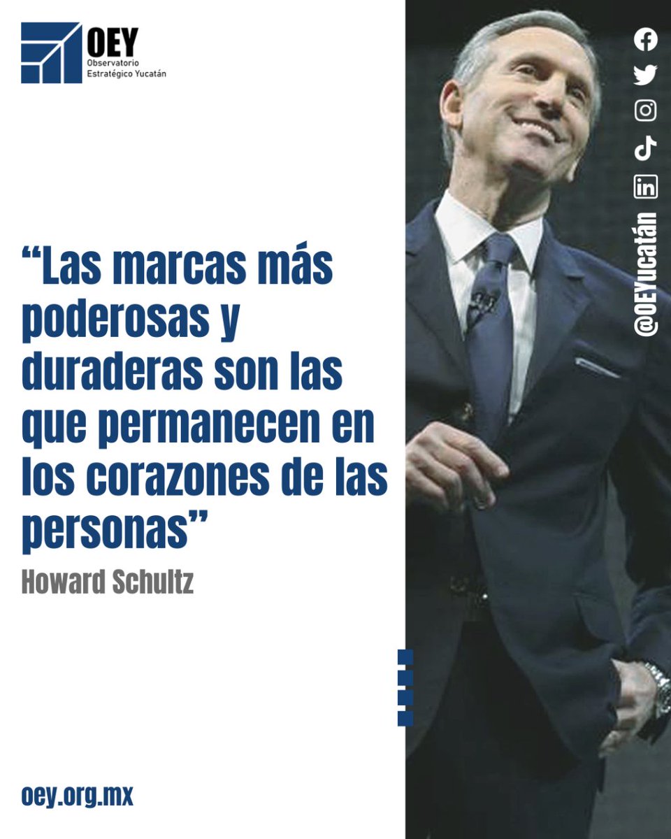 Howard Schultz (Brooklyn, NY, 1953) es un empresario y político famoso por su puesto como CEO de Starbucks. Forbes lo nombró en 2016 como la 232.ª persona más rica de los Estados Unidos.

#observatorioyucatan #oey #oeyinforma #frases #howardschultz