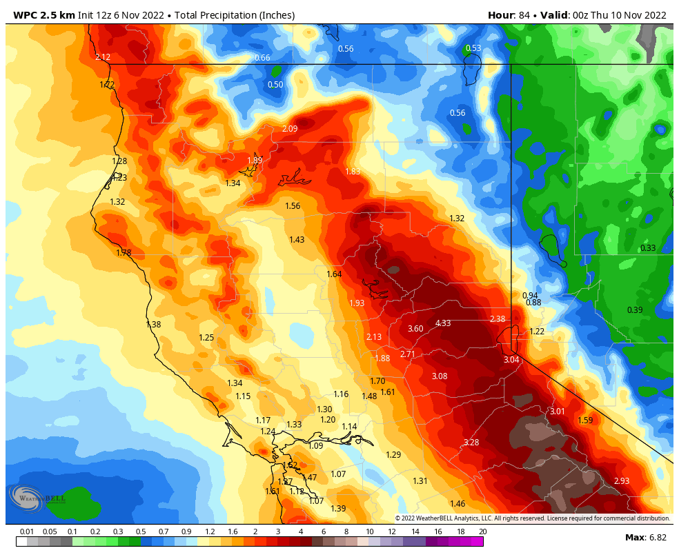 That's a bullseye of over 5 inches of liquid over Mammoth Mtn! Even at 10:1, which is a low ratio for this cold storm, that's 50 inches of snow! Expect some sore backs, hands, and feet from the shoveling... Winter is Here!