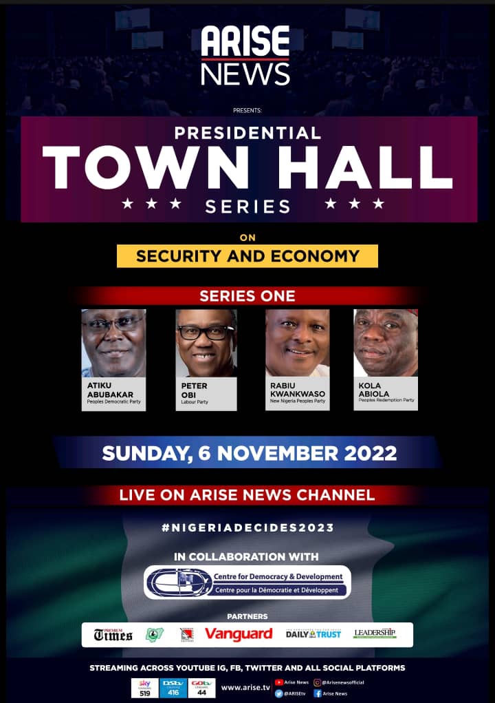 ARISEtv's tweet image. Tonight, ARISE News welcomes you to series one of the 2023 Presidential Town Hall Series on Security &amp;amp; Economy, with the following presidential candidates - His Excellencies: Atiku Abubakar (PDP), Peter Obi (LP), Rabiu Kwankwaso (NNPP) Kola Abiola (PRP)
Live from 7:30pm