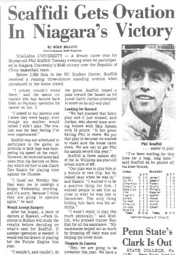 BuffSportsHstry's tweet photo. #OTD in 1979 Niagara's Phil Scaffidi, who has spent the past year battling cancer, plays 4 1/2 minutes against the Republic of China basketball team. The crowd of 1,550 give him a 3-minute standing ovation. https://t.co/dP43w4P5Gx