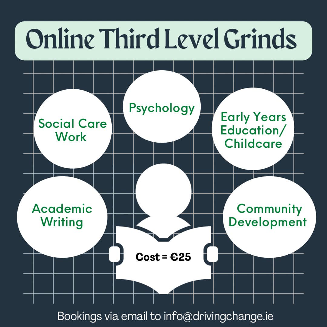 Struggling with college work? 

We are offering online third level support in the following subjects:
- Social Care Work
- Childcare 
- Early years education
- Social Work 
- Psychology 
- Community Development 
- Academic writing 

To book email us on info@drivingchange.ie or DM