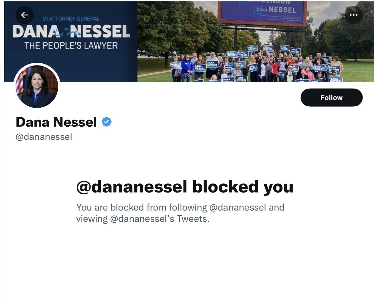 shoesonplease's tweet image. When “the People’s Lawyer”blocks “the People”:

#LevelUnlocked #BadgeOfHonor #Derperno4MI #MIAG