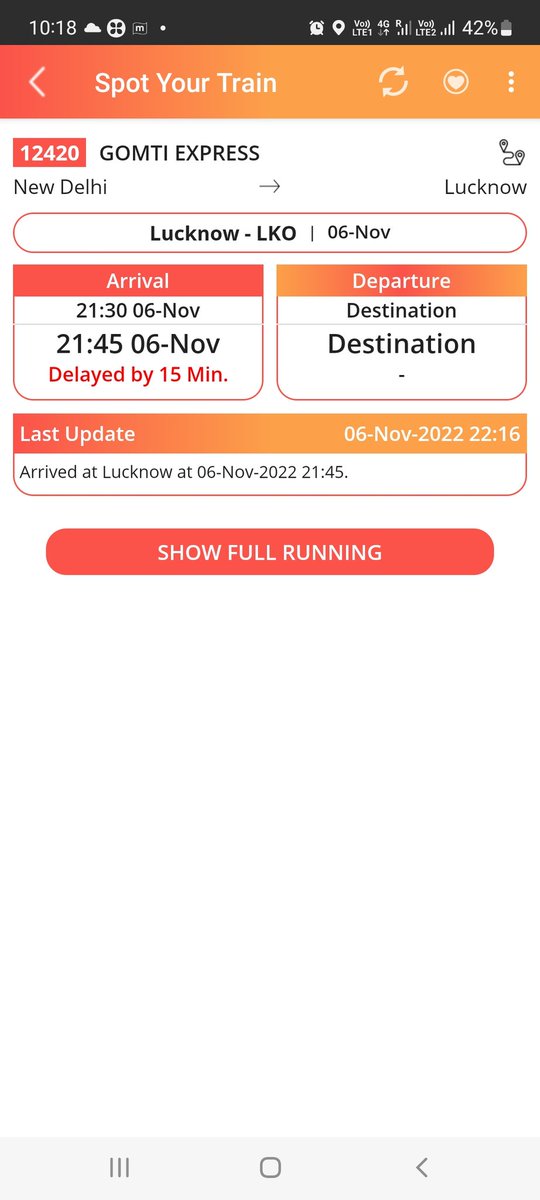 vikas1152's tweet photo. I am still in train and right now train is about 53 min late and NTES app showing train already reached at LKO only 15 min late. @indianrail https://t.co/qgyVXVqkTo