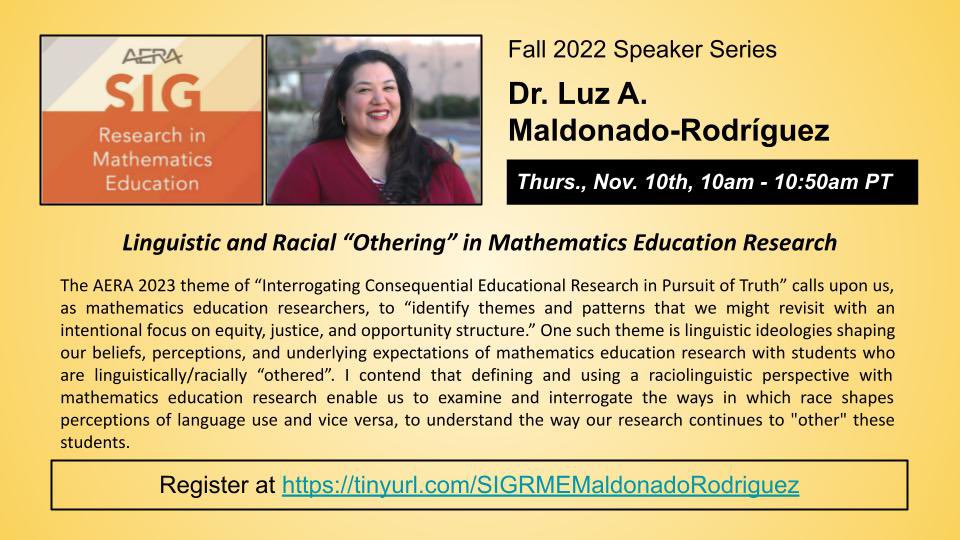 AERA_SIGRME's tweet image. Join us for our upcoming webinar with Dr. Luz Maldonado-Rodriguez @Luz_BilngMathEd!

When: Thursday, Nov. 10
Where: Zoom
How: Register now at tinyurl.com/SIGRMEMaldonad…