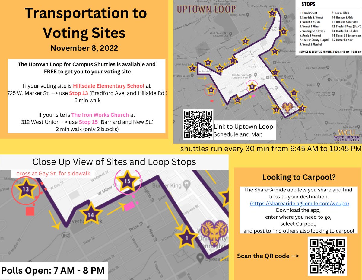 Hey WCU! Need help getting to the polls Tuesday? Check out these handy resources for using campus loop buses and car pooling to Get Out And Vote. #Vote #Election2022