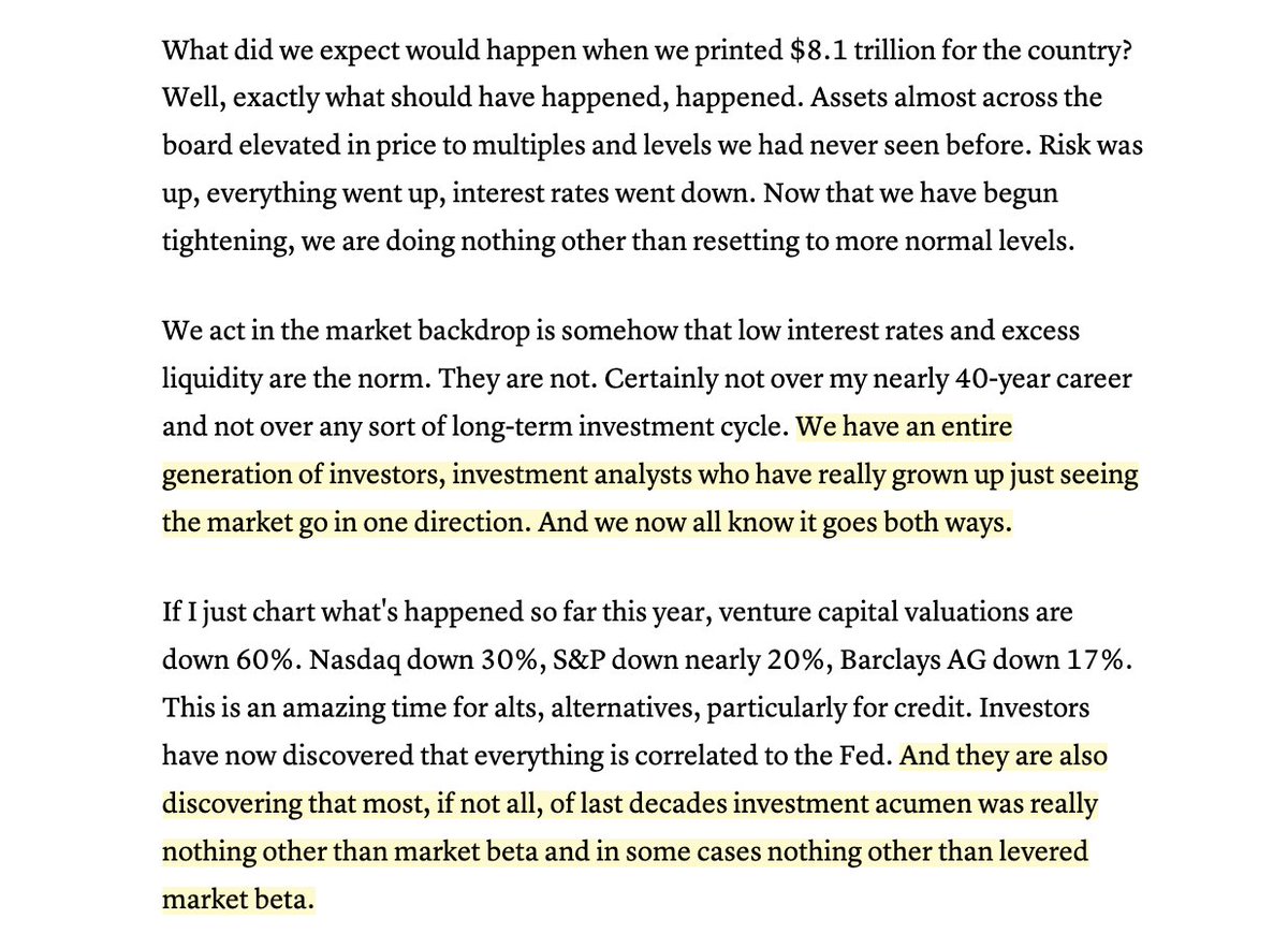 Bitcoin's tweet image. Apollo CEO: "We have an entire generation of investors, investment analysts who have really grown up just seeing the market go in one direction..they are also discovering that most, if not all, of last decade's investment acumen, was really nothing other than market beta..." $APO