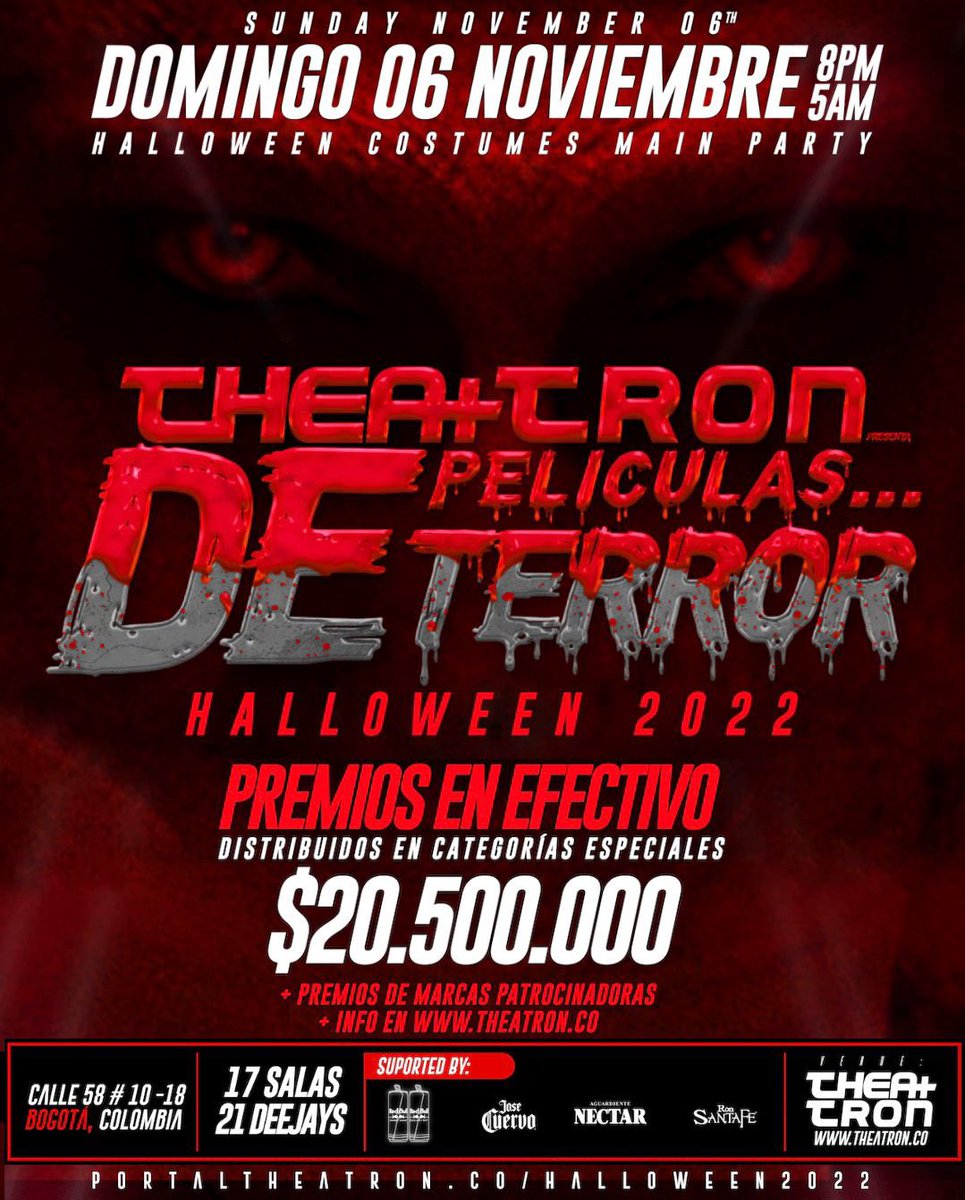 theatronbogota's tweet photo. HOY DOMINGO 6 NOVIEMBRE, HALLOWEEN 2022 “PELÍCULAS DE TERROR”
Entérate de los lineamientos para participar en https://t.co/vYZcVPMkm5
Prod @fernandokoral
@redbullCOL @JoseCuervo_Col #aguardientenectar #ronsantafe @Heineken_col https://t.co/g7wjcDd43d