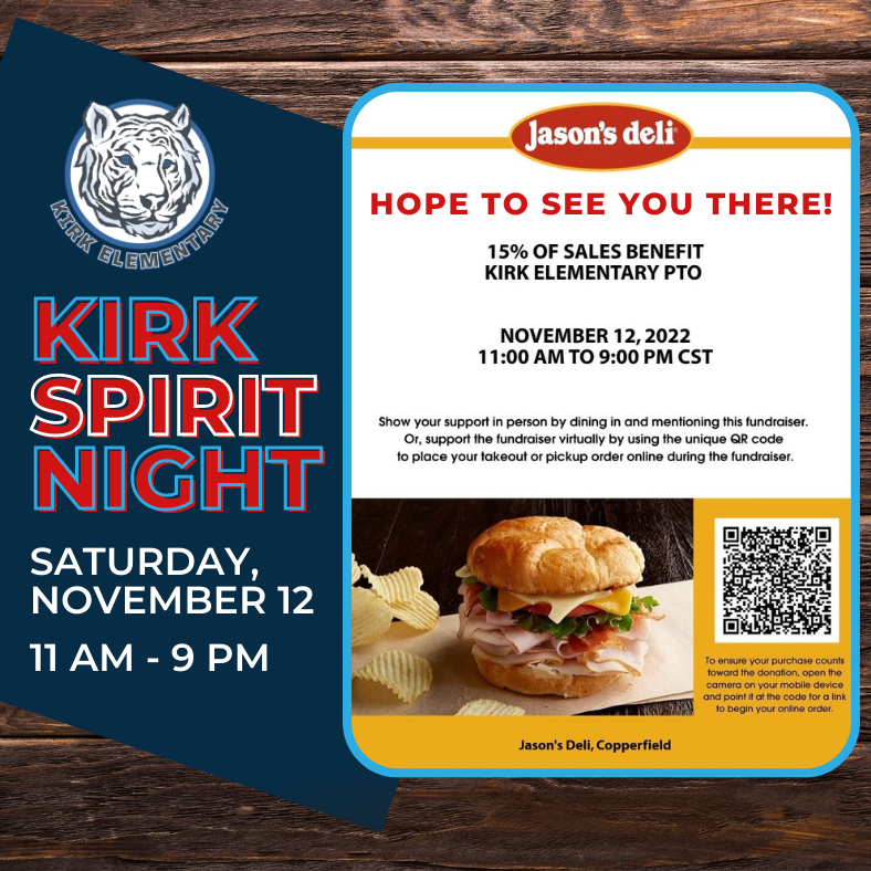 kirkelempto's tweet photo. Leave the cooking to @jasonsdeli on Saturday, November 12th! Come by the Copperfield location anytime between 11 am and 9 pm. Dine in and be sure to mention you're supporting @KirkElementary or place your order online to pickup instead using the QR code on the flyer. Thank you! https://t.co/moaUjdasYU