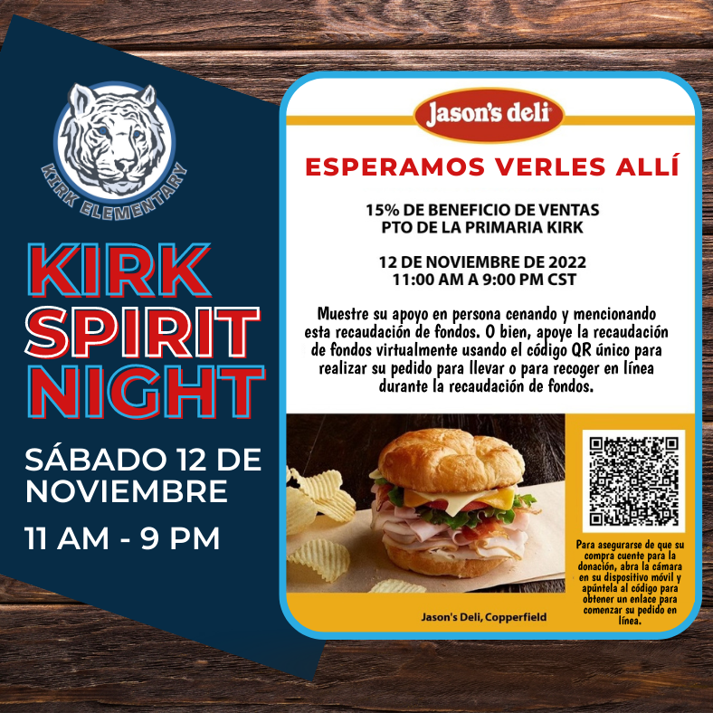 kirkelempto's tweet photo. Leave the cooking to @jasonsdeli on Saturday, November 12th! Come by the Copperfield location anytime between 11 am and 9 pm. Dine in and be sure to mention you're supporting @KirkElementary or place your order online to pickup instead using the QR code on the flyer. Thank you! https://t.co/moaUjdasYU
