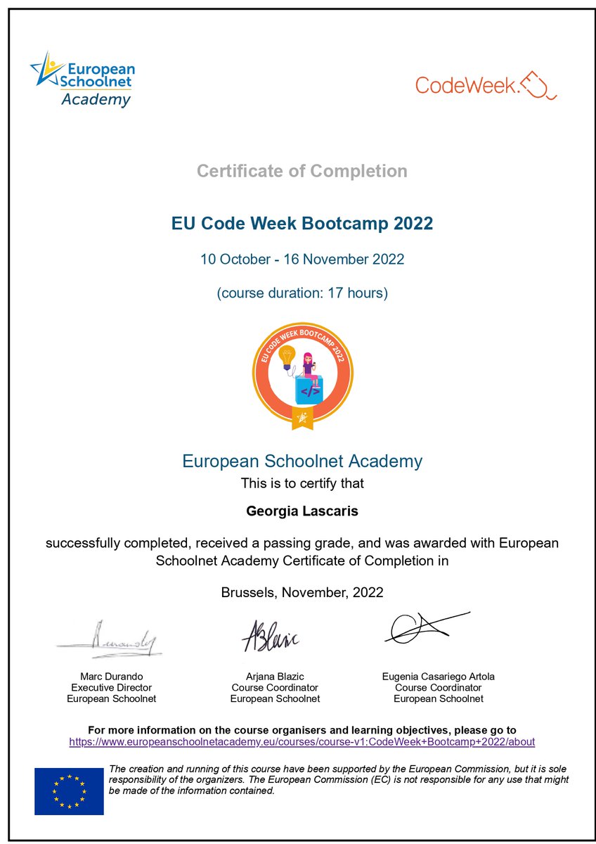 glascaris's tweet image. Thank you @CodeWeekEU, @eu_schoolnet and dear moderators @eugenia_eun and @abfromz for this excellent #Mooc 🙏💻!! #codeweekbootcamp #stemeducation #coding #artificialintelligence