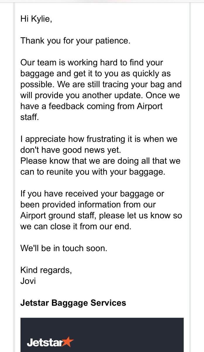 kyliedevine's tweet photo. What’s happening? Absolutely nothing. Air tagged bags and they’re still ‘tracing’ them. #notgoodenough #jetstar @JetstarAirways #neveragain #clothesonmyback https://t.co/99Te050ItY